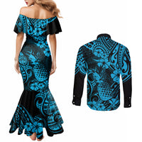 hawaii-pineapple-couples-matching-mermaid-dress-and-long-sleeve-button-shirts-polynesian-pattern-sky-blue-version