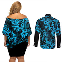 Hawaii Pineapple Couples Matching Off Shoulder Short Dress and Long Sleeve Button Shirts Polynesian Pattern Sky Blue Version - Wonder Print Shop