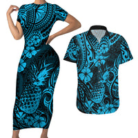 Hawaii Pineapple Couples Matching Short Sleeve Bodycon Dress and Hawaiian Shirt Polynesian Pattern Sky Blue Version - Wonder Print Shop
