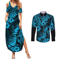 Hawaii Pineapple Couples Matching Summer Maxi Dress and Long Sleeve Button Shirts Polynesian Pattern Sky Blue Version - Wonder Print Shop