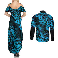 Hawaii Pineapple Couples Matching Summer Maxi Dress and Long Sleeve Button Shirts Polynesian Pattern Sky Blue Version - Wonder Print Shop