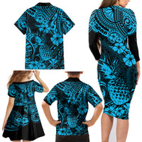 Hawaii Pineapple Family Matching Long Sleeve Bodycon Dress and Hawaiian Shirt Polynesian Pattern Sky Blue Version - Wonder Print Shop