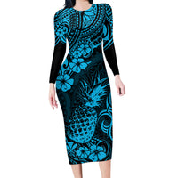 Hawaii Pineapple Family Matching Long Sleeve Bodycon Dress and Hawaiian Shirt Polynesian Pattern Sky Blue Version - Wonder Print Shop