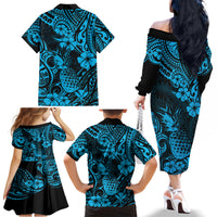 Hawaii Pineapple Family Matching Off Shoulder Long Sleeve Dress and Hawaiian Shirt Polynesian Pattern Sky Blue Version - Wonder Print Shop