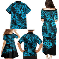 Hawaii Pineapple Family Matching Puletasi Dress and Hawaiian Shirt Polynesian Pattern Sky Blue Version - Wonder Print Shop