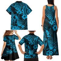 Hawaii Pineapple Family Matching Tank Maxi Dress and Hawaiian Shirt Polynesian Pattern Sky Blue Version - Wonder Print Shop