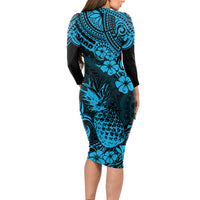 Hawaii Pineapple Long Sleeve Bodycon Dress Polynesian Pattern Sky Blue Version - Wonder Print Shop
