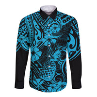 Hawaii Pineapple Long Sleeve Button Shirt Polynesian Pattern Sky Blue Version - Wonder Print Shop