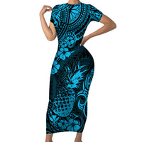 Hawaii Pineapple Short Sleeve Bodycon Dress Polynesian Pattern Sky Blue Version - Wonder Print Shop