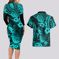 Hawaii Pineapple Couples Matching Long Sleeve Bodycon Dress and Hawaiian Shirt Polynesian Pattern Turquoise Version - Wonder Print Shop