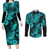 Hawaii Pineapple Couples Matching Long Sleeve Bodycon Dress and Long Sleeve Button Shirts Polynesian Pattern Turquoise Version - Wonder Print Shop