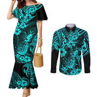 hawaii-pineapple-couples-matching-mermaid-dress-and-long-sleeve-button-shirts-polynesian-pattern-turquoise-version