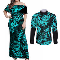 Hawaii Pineapple Couples Matching Off Shoulder Maxi Dress and Long Sleeve Button Shirts Polynesian Pattern Turquoise Version - Wonder Print Shop