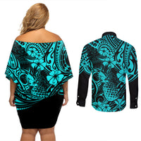 Hawaii Pineapple Couples Matching Off Shoulder Short Dress and Long Sleeve Button Shirts Polynesian Pattern Turquoise Version - Wonder Print Shop