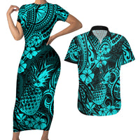 Hawaii Pineapple Couples Matching Short Sleeve Bodycon Dress and Hawaiian Shirt Polynesian Pattern Turquoise Version - Wonder Print Shop