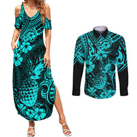 Hawaii Pineapple Couples Matching Summer Maxi Dress and Long Sleeve Button Shirts Polynesian Pattern Turquoise Version - Wonder Print Shop