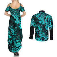 Hawaii Pineapple Couples Matching Summer Maxi Dress and Long Sleeve Button Shirts Polynesian Pattern Turquoise Version - Wonder Print Shop