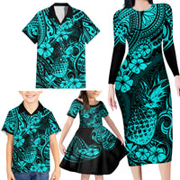 Hawaii Pineapple Family Matching Long Sleeve Bodycon Dress and Hawaiian Shirt Polynesian Pattern Turquoise Version - Wonder Print Shop