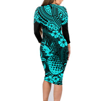 Hawaii Pineapple Family Matching Long Sleeve Bodycon Dress and Hawaiian Shirt Polynesian Pattern Turquoise Version - Wonder Print Shop