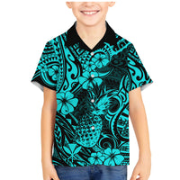 Hawaii Pineapple Family Matching Mermaid Dress and Hawaiian Shirt Polynesian Pattern Turquoise Version - Wonder Print Shop