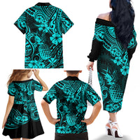 Hawaii Pineapple Family Matching Off Shoulder Long Sleeve Dress and Hawaiian Shirt Polynesian Pattern Turquoise Version - Wonder Print Shop
