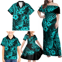 Hawaii Pineapple Family Matching Off Shoulder Maxi Dress and Hawaiian Shirt Polynesian Pattern Turquoise Version - Wonder Print Shop
