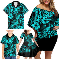 Hawaii Pineapple Family Matching Off Shoulder Short Dress and Hawaiian Shirt Polynesian Pattern Turquoise Version - Wonder Print Shop