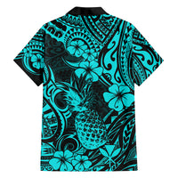 Hawaii Pineapple Family Matching Off Shoulder Short Dress and Hawaiian Shirt Polynesian Pattern Turquoise Version - Wonder Print Shop