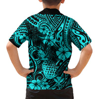 Hawaii Pineapple Family Matching Short Sleeve Bodycon Dress and Hawaiian Shirt Polynesian Pattern Turquoise Version - Wonder Print Shop