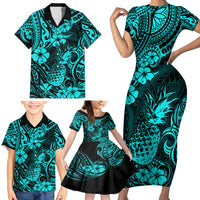 Hawaii Pineapple Family Matching Short Sleeve Bodycon Dress and Hawaiian Shirt Polynesian Pattern Turquoise Version - Wonder Print Shop