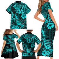 Hawaii Pineapple Family Matching Short Sleeve Bodycon Dress and Hawaiian Shirt Polynesian Pattern Turquoise Version - Wonder Print Shop