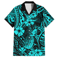 Hawaii Pineapple Family Matching Short Sleeve Bodycon Dress and Hawaiian Shirt Polynesian Pattern Turquoise Version - Wonder Print Shop