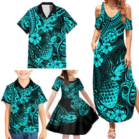 Hawaii Pineapple Family Matching Summer Maxi Dress and Hawaiian Shirt Polynesian Pattern Turquoise Version - Wonder Print Shop