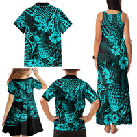 Hawaii Pineapple Family Matching Tank Maxi Dress and Hawaiian Shirt Polynesian Pattern Turquoise Version - Wonder Print Shop