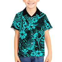 Hawaii Pineapple Kid Hawaiian Shirt Polynesian Pattern Turquoise Version - Wonder Print Shop