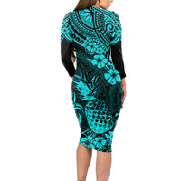 Hawaii Pineapple Long Sleeve Bodycon Dress Polynesian Pattern Turquoise Version - Wonder Print Shop