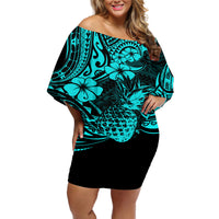 Hawaii Pineapple Off Shoulder Short Dress Polynesian Pattern Turquoise Version - Wonder Print Shop