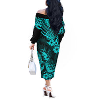 Hawaii Pineapple Off The Shoulder Long Sleeve Dress Polynesian Pattern Turquoise Version - Wonder Print Shop