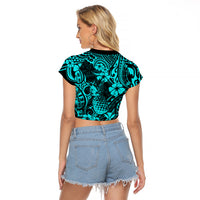 Hawaii Pineapple Raglan Cropped T Shirt Polynesian Pattern Turquoise Version - Wonder Print Shop