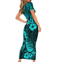 Hawaii Pineapple Short Sleeve Bodycon Dress Polynesian Pattern Turquoise Version - Wonder Print Shop