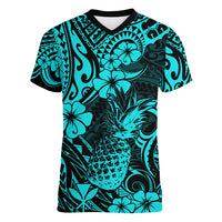 Hawaii Pineapple Women V Neck T Shirt Polynesian Pattern Turquoise Version - Wonder Print Shop