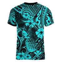Hawaii Pineapple Women V Neck T Shirt Polynesian Pattern Turquoise Version - Wonder Print Shop