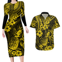 Hawaii Pineapple Couples Matching Long Sleeve Bodycon Dress and Hawaiian Shirt Polynesian Pattern Yellow Version - Wonder Print Shop