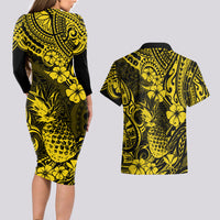 Hawaii Pineapple Couples Matching Long Sleeve Bodycon Dress and Hawaiian Shirt Polynesian Pattern Yellow Version - Wonder Print Shop