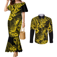 hawaii-pineapple-couples-matching-mermaid-dress-and-long-sleeve-button-shirts-polynesian-pattern-yellow-version