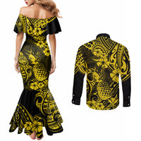 hawaii-pineapple-couples-matching-mermaid-dress-and-long-sleeve-button-shirts-polynesian-pattern-yellow-version