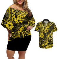 Hawaii Pineapple Couples Matching Off Shoulder Short Dress and Hawaiian Shirt Polynesian Pattern Yellow Version - Wonder Print Shop