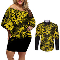 Hawaii Pineapple Couples Matching Off Shoulder Short Dress and Long Sleeve Button Shirts Polynesian Pattern Yellow Version - Wonder Print Shop