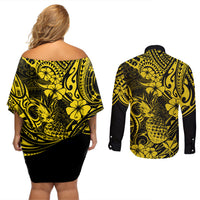 Hawaii Pineapple Couples Matching Off Shoulder Short Dress and Long Sleeve Button Shirts Polynesian Pattern Yellow Version - Wonder Print Shop