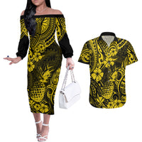 Hawaii Pineapple Couples Matching Off The Shoulder Long Sleeve Dress and Hawaiian Shirt Polynesian Pattern Yellow Version - Wonder Print Shop
